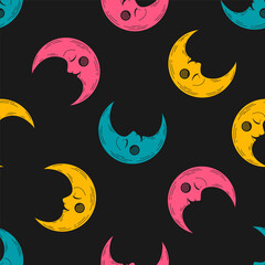 Seamless pattern with colorful celestial moon and black background
