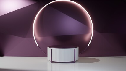 White empty podium or pedestal for product presentation, showcase of beauty and cosmetics product. Round mockup platform on purple background. 3d rendering