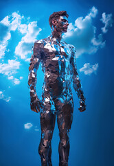 A man with his face and body covered in mirror pieces, over clouds, Cyberspace Augmented Reality,, game, future technology, Virtual space