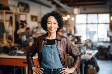 confident mature Asian woman in the workshop