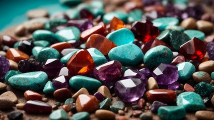 Turquoise,Amethyst,Tourmaline and Red Jasper stones background. 