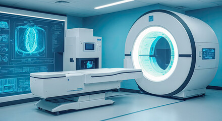 medical examination technology of future. Medical equipment of future. MRI scan machine, future medicine concept. human enhanced. Generative AI