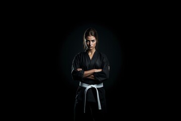 concentrated female taekwondo athlete on black background