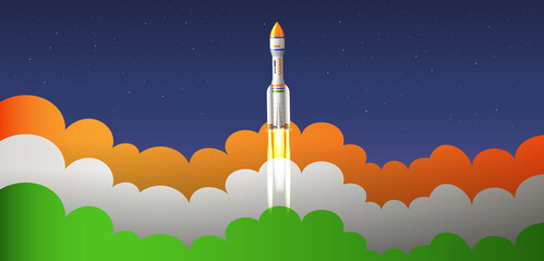 Indian Space mission ISRO's Chandrayaan-3 and solar mission rocket going on space with Indian tricolor smoke poster © ArtDawn