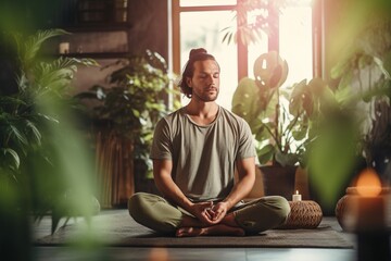 A young man in a training top t-shirt and joggers sitting in yoga asana lotus pose meditating in a sunlit room with green plants - Powered by Adobe
