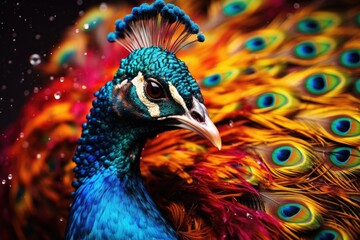 A vibrant peacock displaying its majestic plumage in close-up - Powered by Adobe