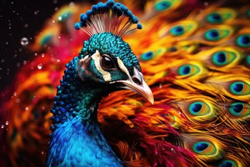 Foto op Plexiglas A vibrant peacock displaying its majestic plumage in close-up © Virginie Verglas