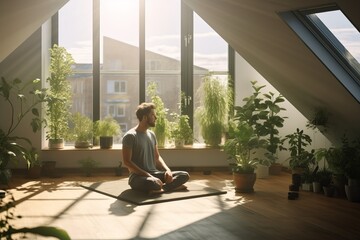 A young man in a training top t-shirt and joggers sitting in yoga asana lotus pose meditating in a sunlit room with green plants - obrazy, fototapety, plakaty