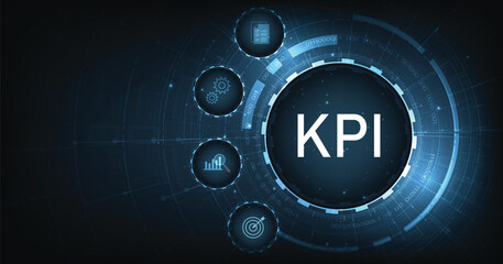 Key Performance Indicators concept (KPI). KPI Key Performance Indicator for Business on a dark blue background. 3d illustration.