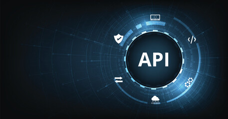 Application Programming Interface (API). Software development tools, information technology, modern technology, internet, and networking concepts on a dark blue background.	