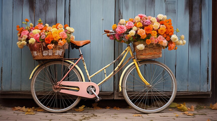 Fototapeta na wymiar A Quaint Bicycle Adorned with Fresh Flowers, Adding Charm to the Urban Landscape