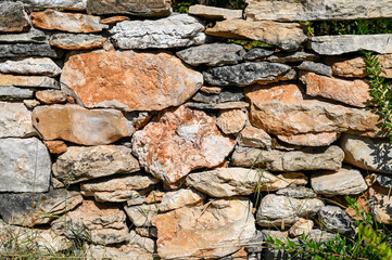 Dry stone wall, close up. Stone wall near the house in countryside. A traditional dry stone wall.