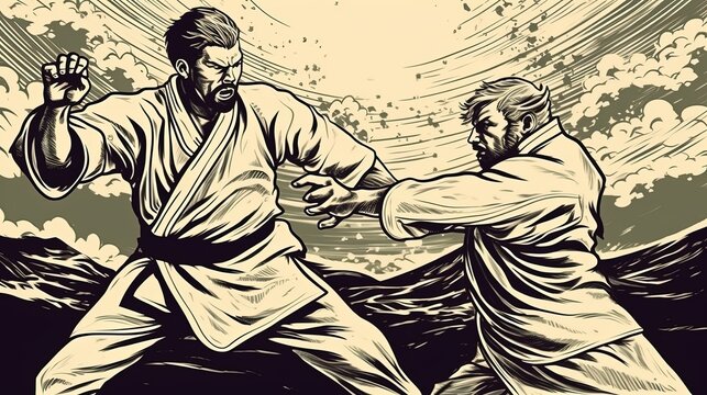 Judo practitioner throwing an opponent. Fantasy concept , Illustration painting.