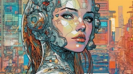 Portrait of a beautiful cyborg girl with a built-in headset. Fantasy concept , Illustration painting.