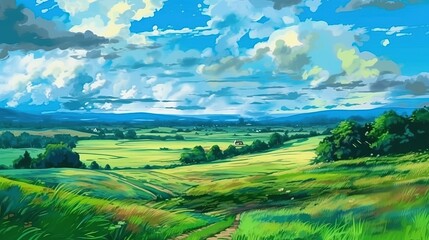 Picturesque landscape on green meadows. Fantasy concept , Illustration painting.