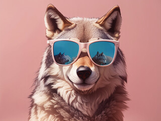 Creative animal concept.Wolf in sunglass shade glasses isolated on solid pastel background,