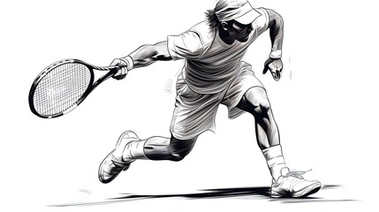 Tennis player, hitting the tennis ball. Line art, lines only. Illustration