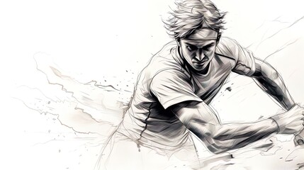 Tennis player, hitting the tennis ball. Line art, lines only. Illustration