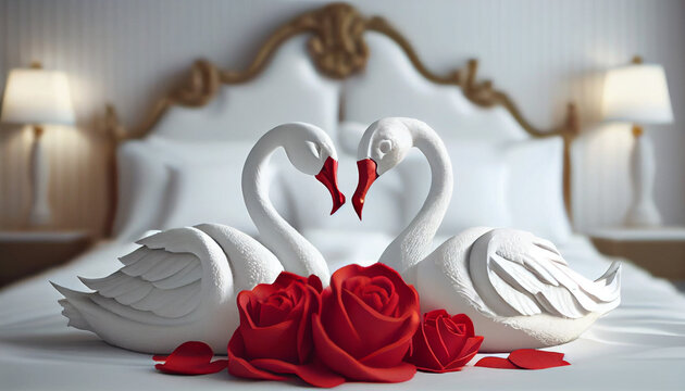 Two swans made from towels are kissing on honeymoon white bed. Valentine signature made from red rose flower on bed decoration in bedroom. Ai generated image