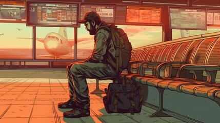 Lonely traveler sitting at an airport. Fantasy concept , Illustration painting.