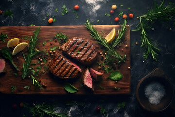 Fresh and Healthy Ingredients on Dark Wooden Cutting Board.