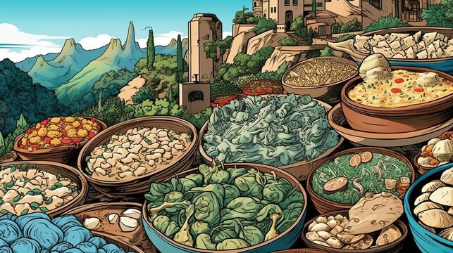 Local food and culinary delights. Fantasy concept , Illustration painting.