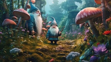 Little gnomes gardening in a magical forest. Fantasy concept , Illustration painting.