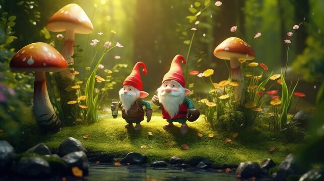 Little gnomes gardening in a magical forest. Fantasy concept , Illustration painting.