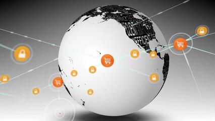 Animation of connected padlock and cart icons with globe rotating on white background - Powered by Adobe