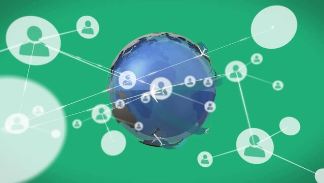 Animation of connected people icons and airplanes flying around globe on green background