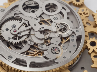 "Precision in Motion: Intricate Clockwork Watch Mechanism Revealing Gears and Cogs. Crafted from Elegant Stainless Steel and Metal, Exuding Craftsmanship and Detail."