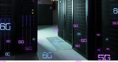 Animation of illuminated 5g and 6g text over data server room - Powered by Adobe