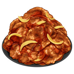 Buta no shogayaki (Grilled ginger pork) illustration vector.  Japanese ginger pork sauce menu icon. Japanese food buta shogayaki cartoon. Asian stir fry pork. Chinese pork stir-fry. Stir fried meat. 