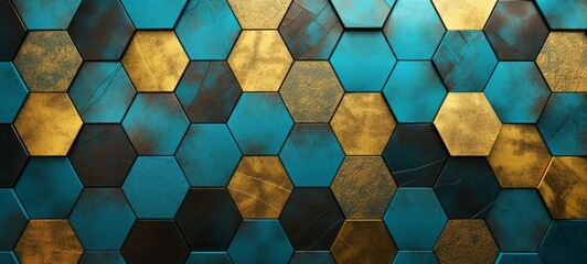 Abstract futuristic luxurious digital geometric technology hexagon background banner illustration 3d - Gold turquoise blue hexagonal 3d shape texture wall - obrazy, fototapety, plakaty