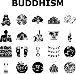buddhism buddha lotus meditation icons set vector. buddhist religion, culture statue, zen religious, asia monk, thailand chinese, thai buddhism buddha lotus meditation glyph pictogram Illustrations