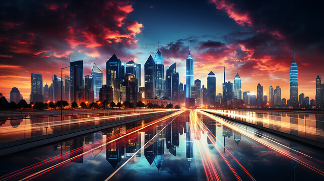 new york city of skyline, aurora behind the city, evening sunset, vehicle trails over the road, beautiful landscape wallpaper