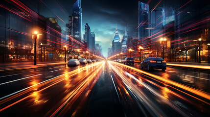 Fototapeta na wymiar vehicle light trails on the night city, reflection on the road, night life, city of skyline colorful wallpaper