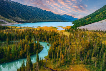 Summer Landscape beautiful Multinskoye lake and meandering blue river in mountains Altai, Aerial...