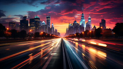 Fototapeta na wymiar Vehicles moving into the new york city, city of skyline, aurora sky, night city with motion effects and vehicle trails