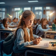 Fototapeta premium Portrait of a cute student schoolgirl in a classroom. Back to school. Nice positive happy sunny photo.