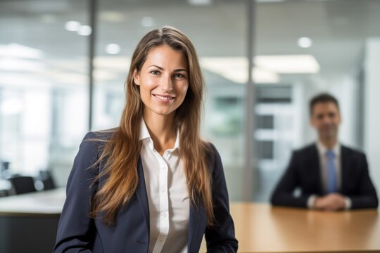 smiling professional middle aged business woman standing in office and looking at camera