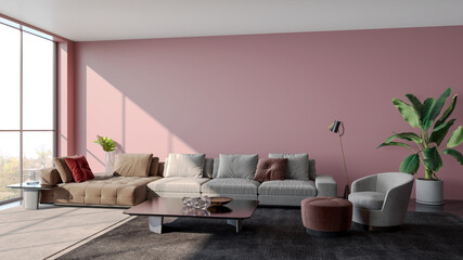 Large luxury modern bright interiors Living room mockup illustration 3D rendering computer digitally generated image