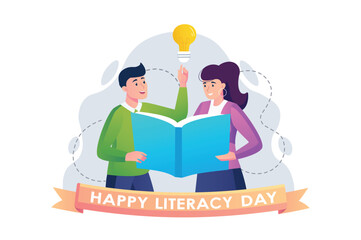 Literacy day concept with people scene in the flat cartoon style. Students think about writing their own book based on famous works. Vector illustration.