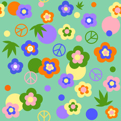 Seamless pattern in hippie style with  pacific, colorful flowers and circles on a turquoise background