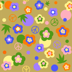 Seamless pattern in hippie style with  pacific, colorful flowers and circles on a mustard background