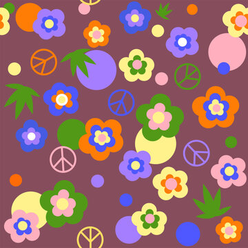 Seamless pattern in hippie style with  pacific, colorful flowers and circles on a burgundy background