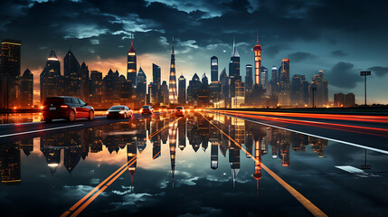 Vehicles moving into the new york city, city of skyline, aurora sky, night city with motion effects and vehicle trails
