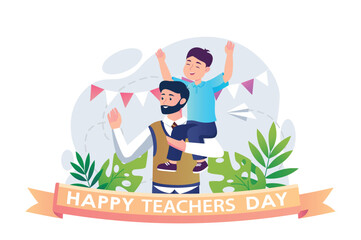 Concept Teachers day with people scene in the flat cartoon design. Father and son rush to congratulate the teacher on the holiday. Vector illustration.
