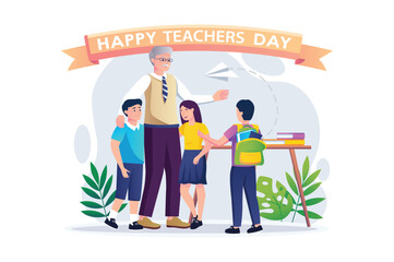 Teachers day concept with people scene in the flat cartoon style. The students came to greet the old teacher, who once taught them important subjects. Vector illustration.