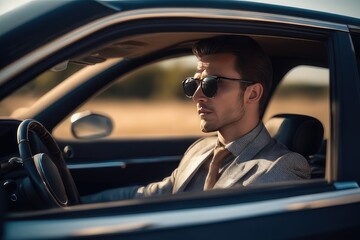 attractive businessman wearing sunglasses sitting in car